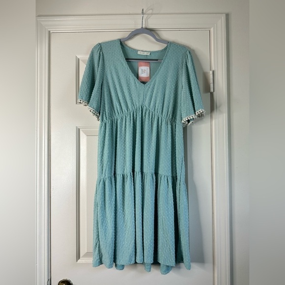 Mint Blue Reborn J dress Women Size Large V Neck Pleated Flowy - Picture 11 of 13